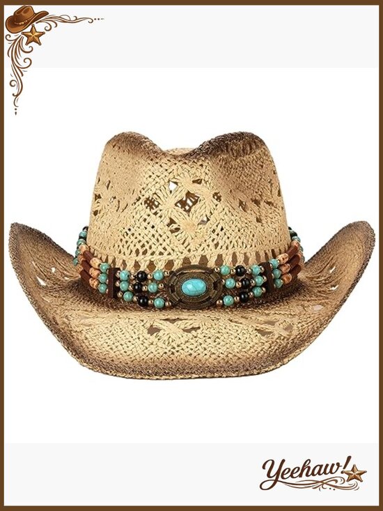 Straw Cowboy Hat with Two Removable Decorative Bands, Sun Protection